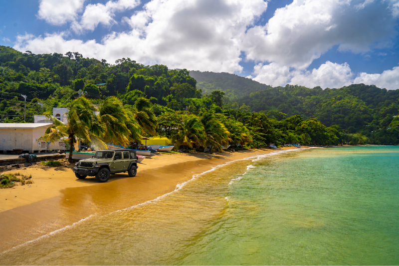 Jeep parked near Playa Dorado with tropical beach and clear water in Puerto Rico