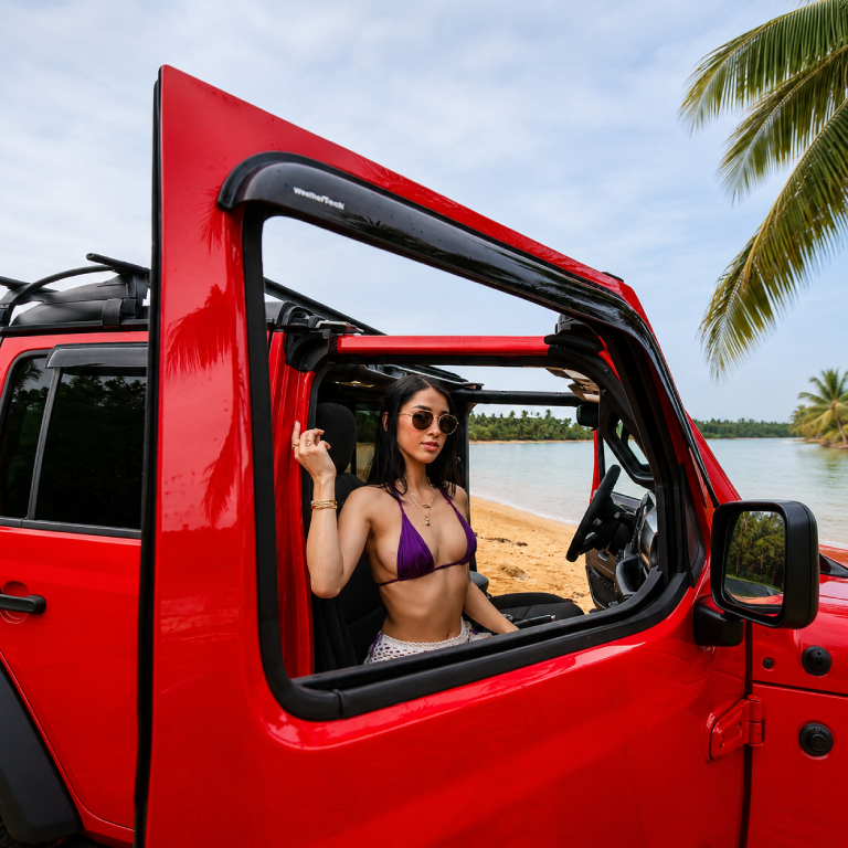 Woman sitting in a red Jeep Wrangler with the door open near a tropical beach